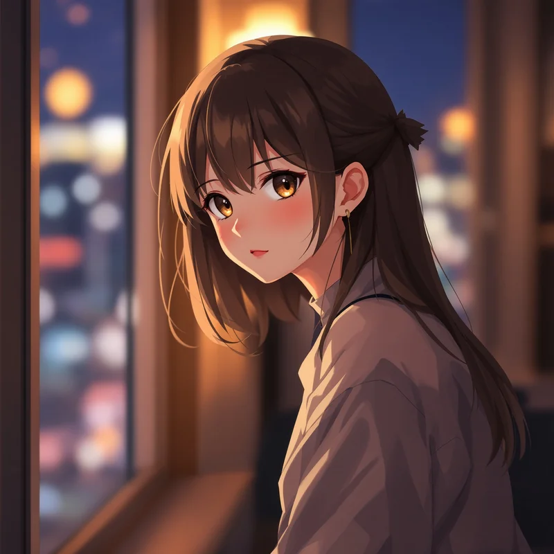 anime avatar portrait with over-shoulder pose and warm light