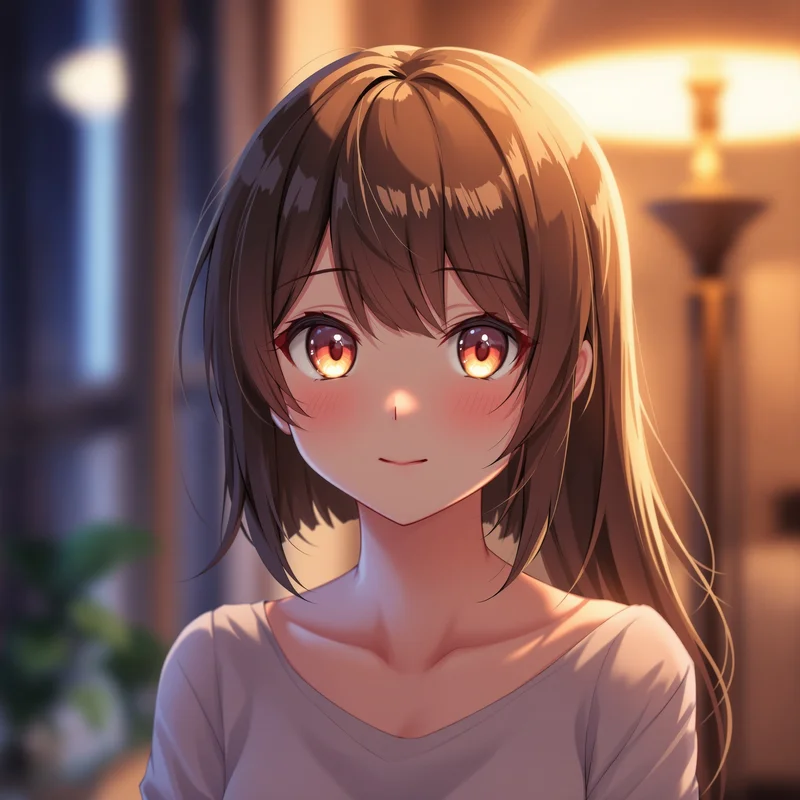 anime girl avatar with bright eyes and soft room glow identity