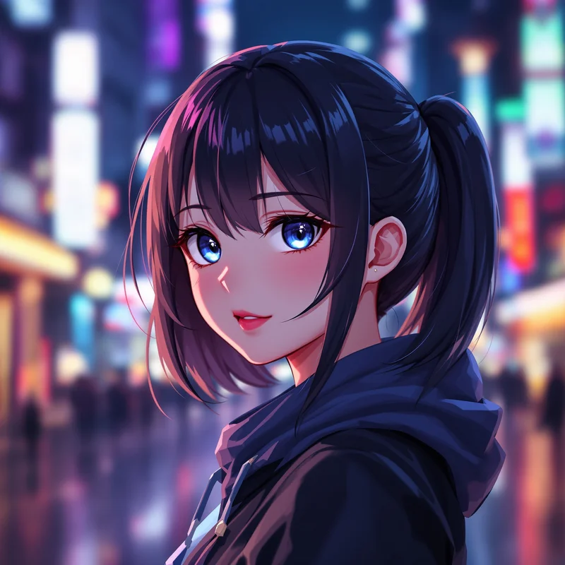 anime girl PFP avatar with city night blur and magnetic eye focus