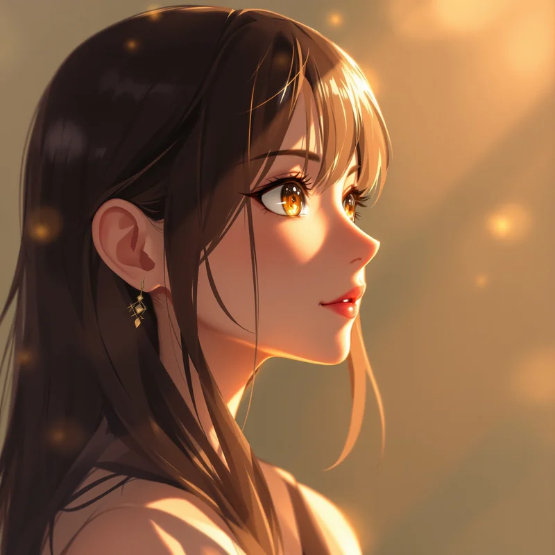 anime girl avatar with golden reflection and soft emotional pull