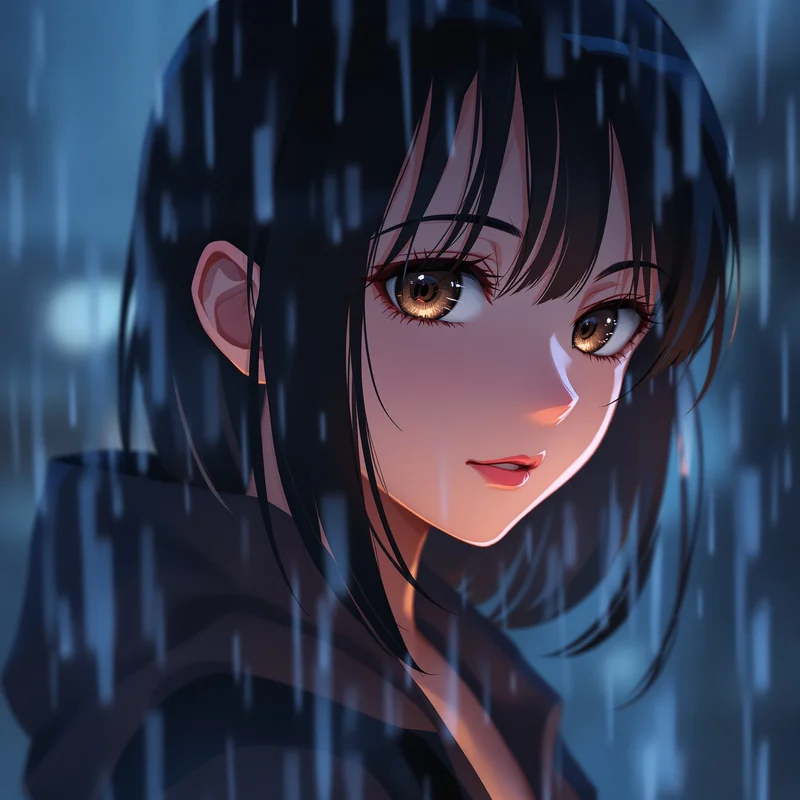 anime girl profile image with rain edge light and controlled expression