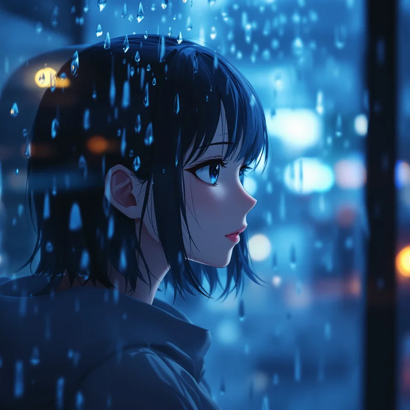 anime avatar portrait with rainy window mood and distant expression
