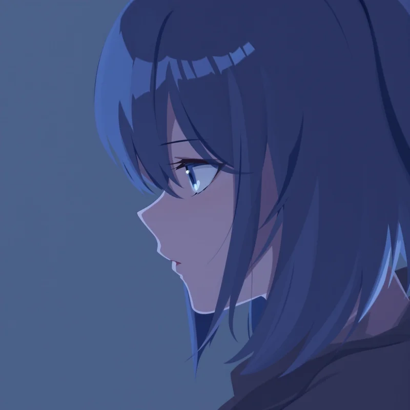 anime girl PFP avatar with cool palette and intimate close framing