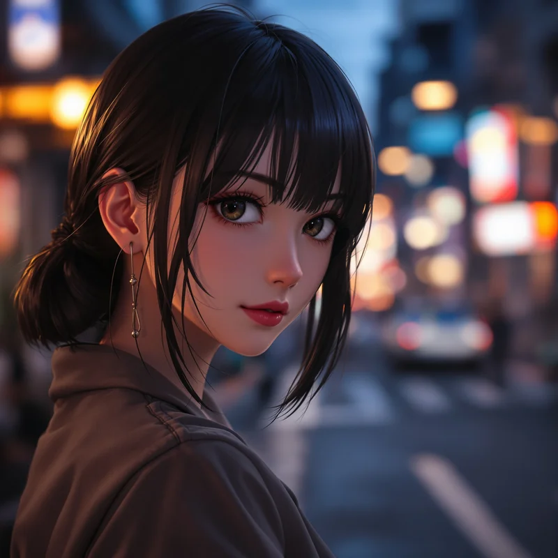 anime avatar portrait subtle sensual style city bokeh lights scene