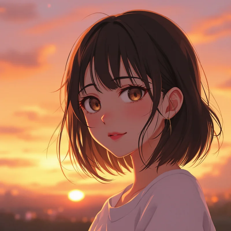 anime girl avatar with sunset lighting and calm warm tone identity