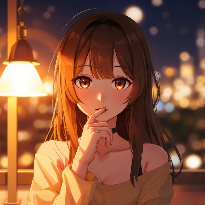 anime avatar portrait with over-shoulder pose and warm light
