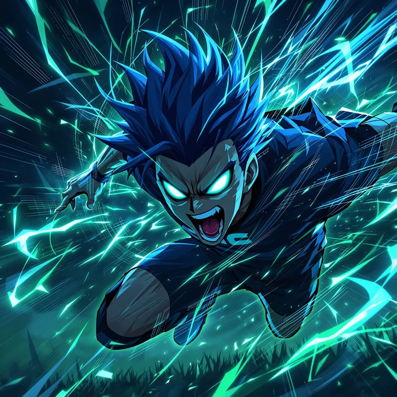 Motion-slashed anime striker PFP featuring Bachira in a fast attack frame