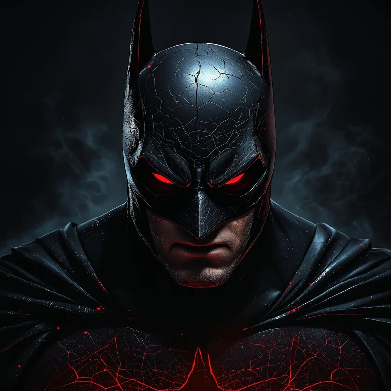 broken armor batman pfp with dark red emotional aura