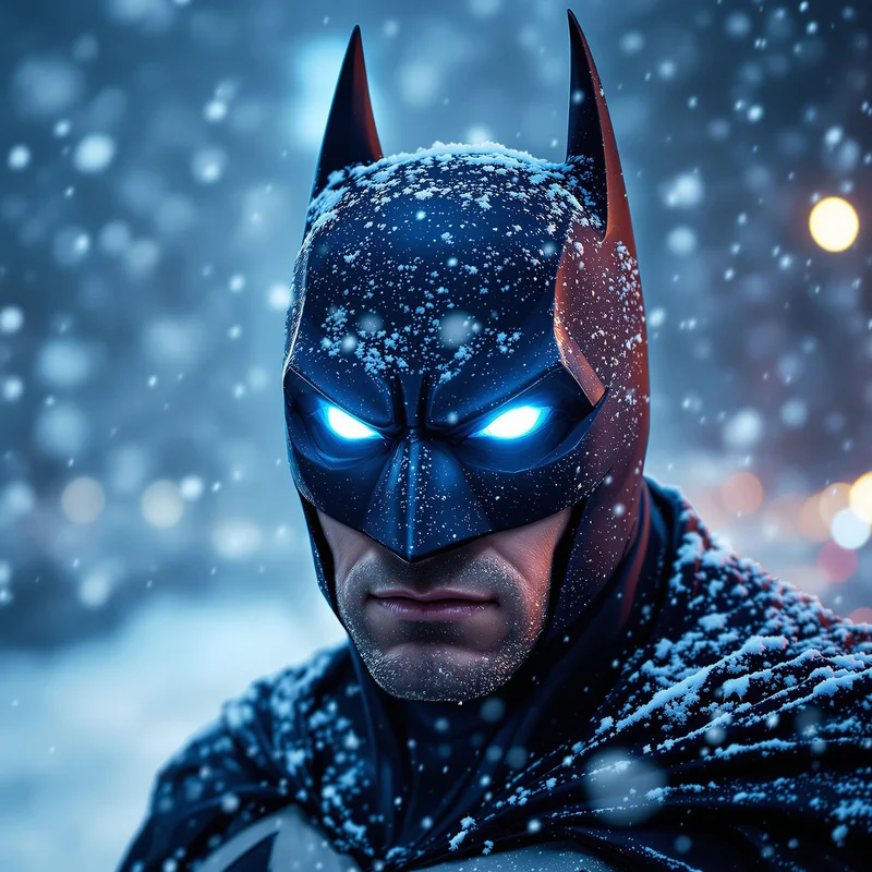 snowstorm batman pfp with icy blue gotham atmosphere