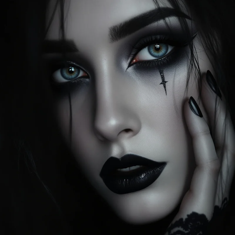 Black gothic girl PFP with pale skin and dark makeup