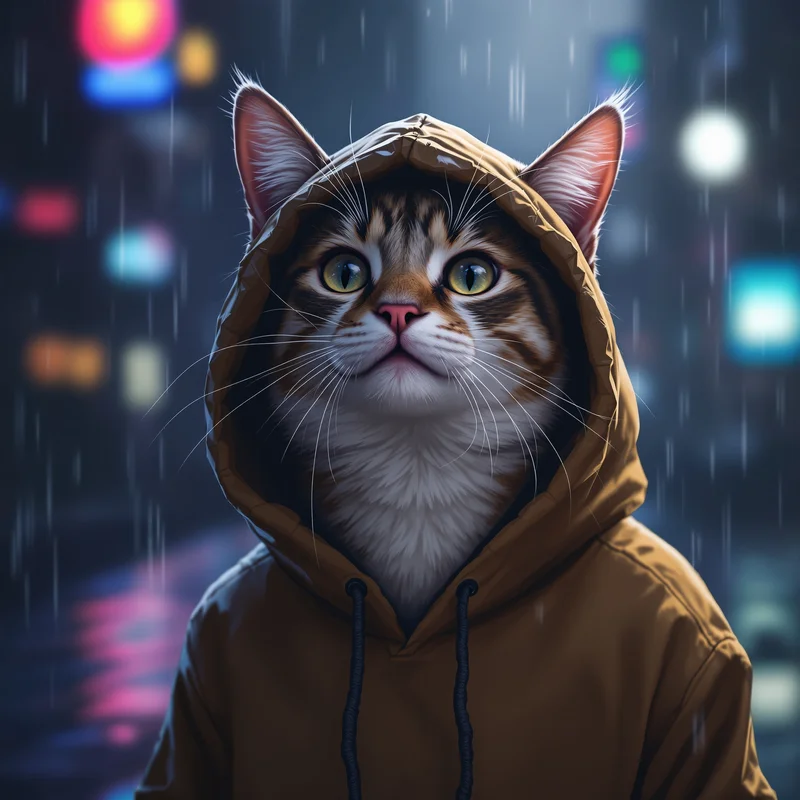 Hoodie cat PFP with urban rain atmosphere