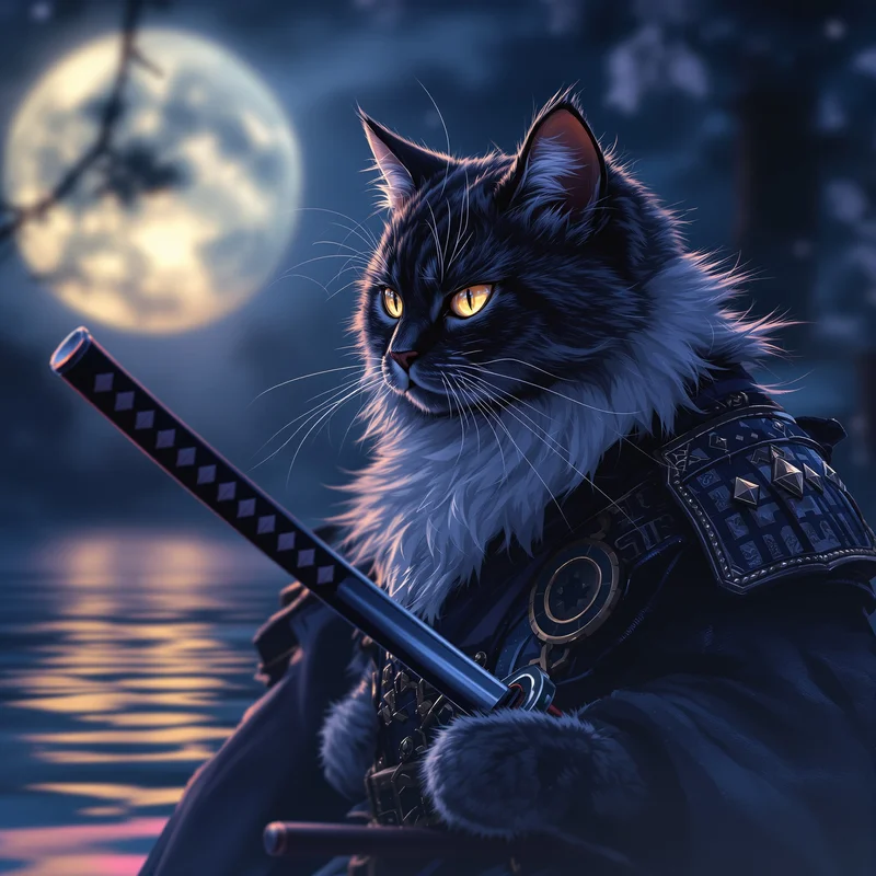 Samurai cat PFP with moonlight and katana