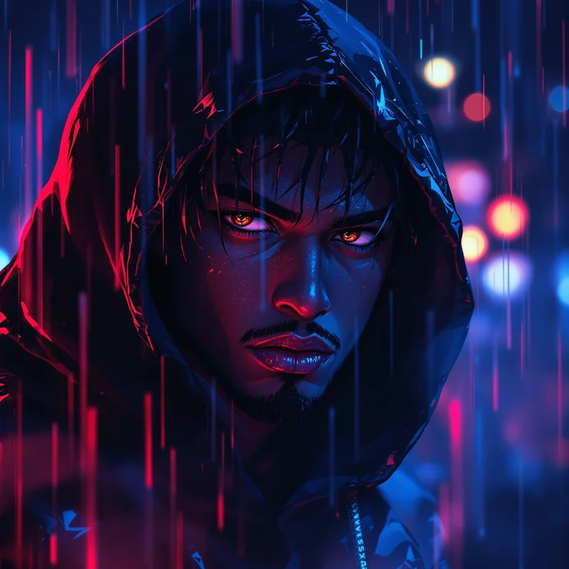 Chief Keef inspired neon rain anime pfp with dark city lighting