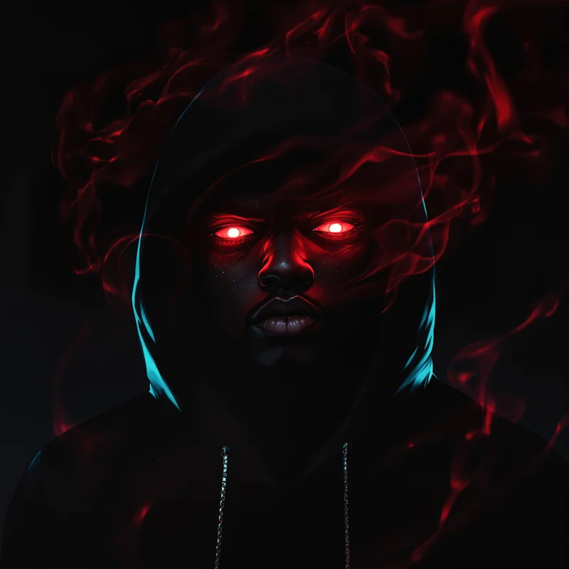 Chief Keef inspired dark aura anime style pfp with glowing red eyes and black hoodie