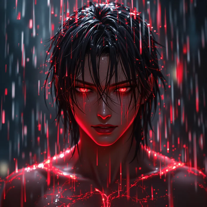 Choso PFP in rain with red energy and emotional anime mood