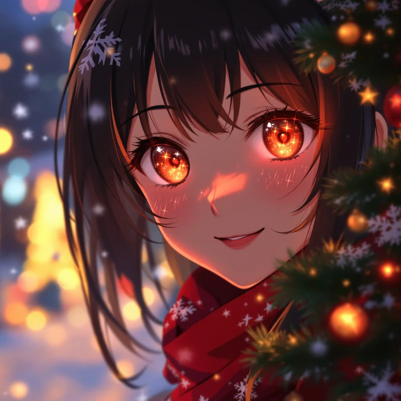 anime christmas girl pfp with glowing festive eyes