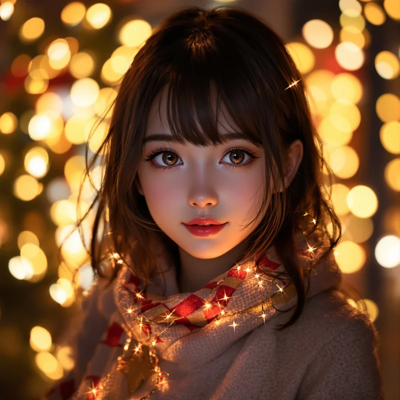 anime christmas girl pfp with colorful fairy light reflections