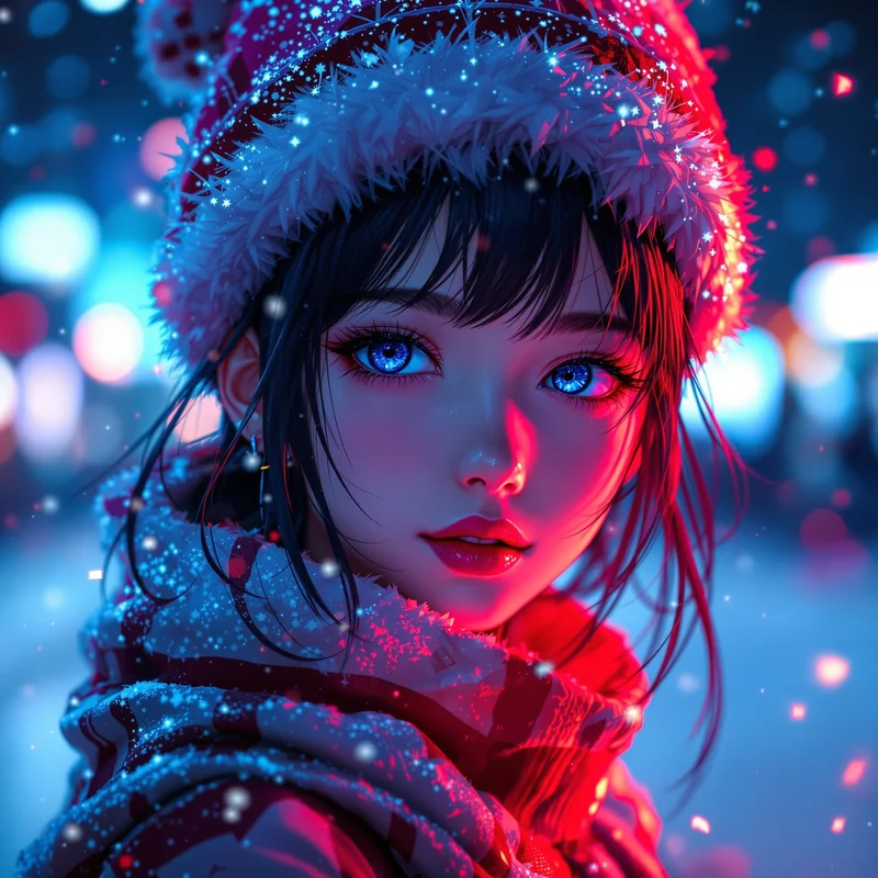 cyber christmas anime girl pfp with neon winter glow