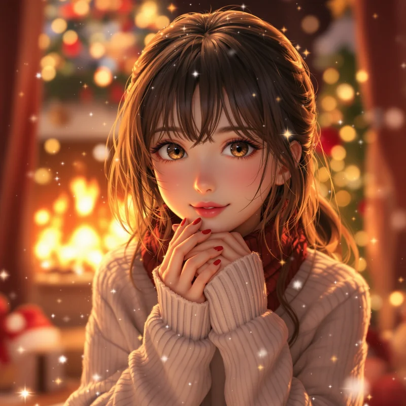 cozy christmas anime girl pfp with fireplace glow and warm winter lighting