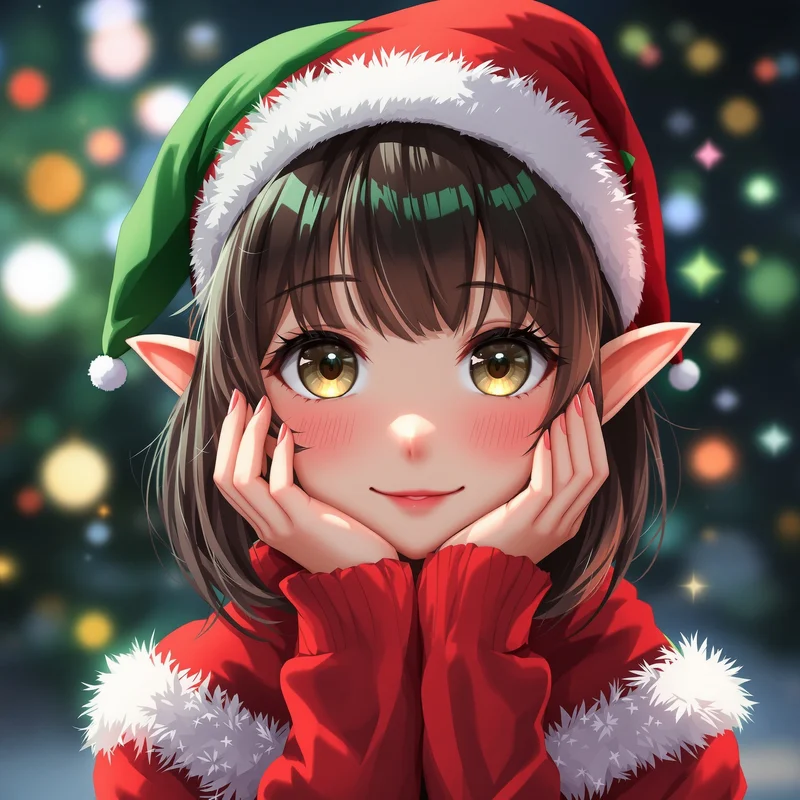 cute elf anime christmas girl pfp with festive holiday lighting