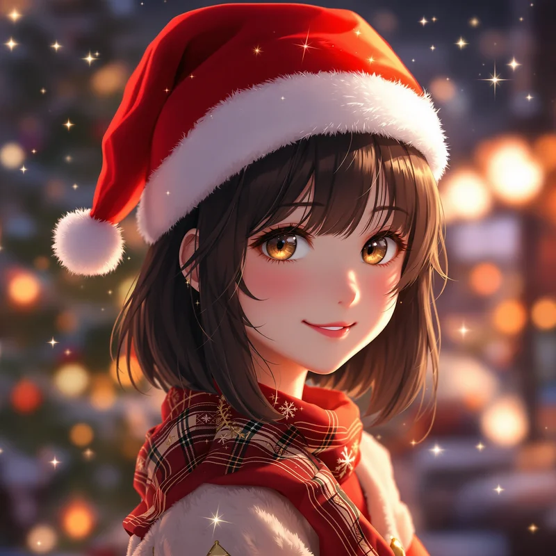 cute anime christmas girl pfp with santa hat and festive glow