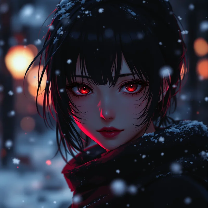 dark christmas anime girl pfp with black red winter aura