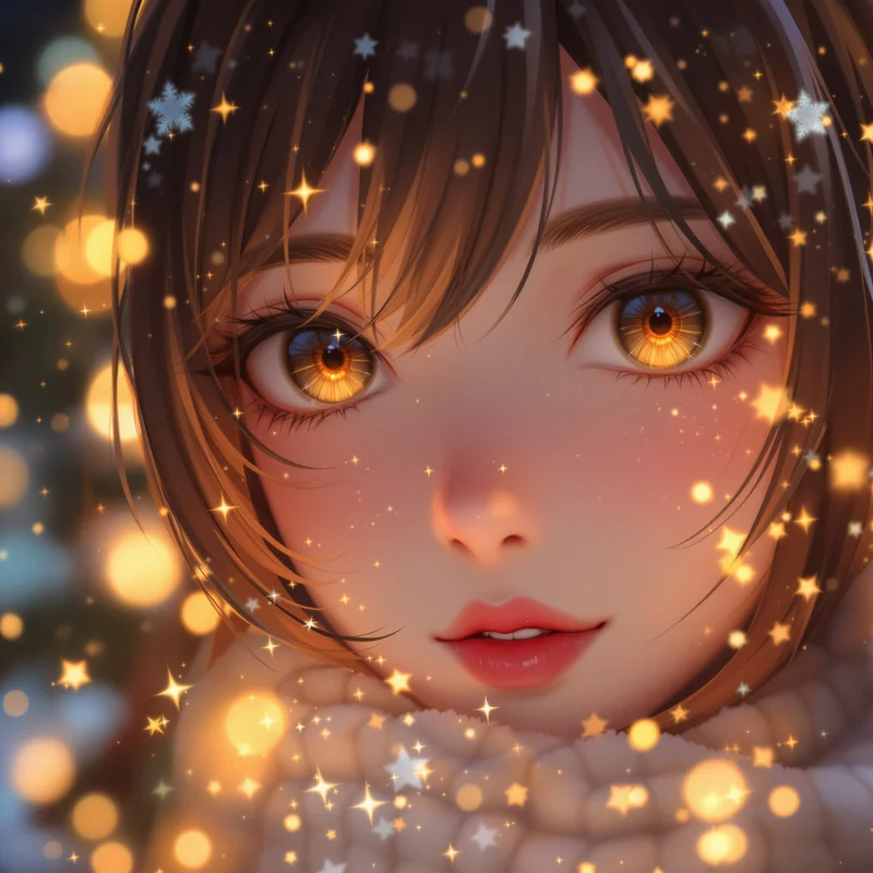 anime christmas girl pfp with golden snowfall and warm glow