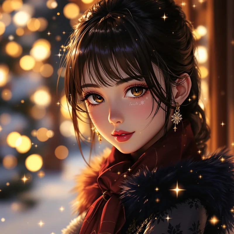 luxury christmas anime girl pfp with gold winter lighting