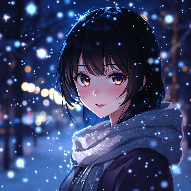 dark midnight anime christmas girl pfp with winter glow