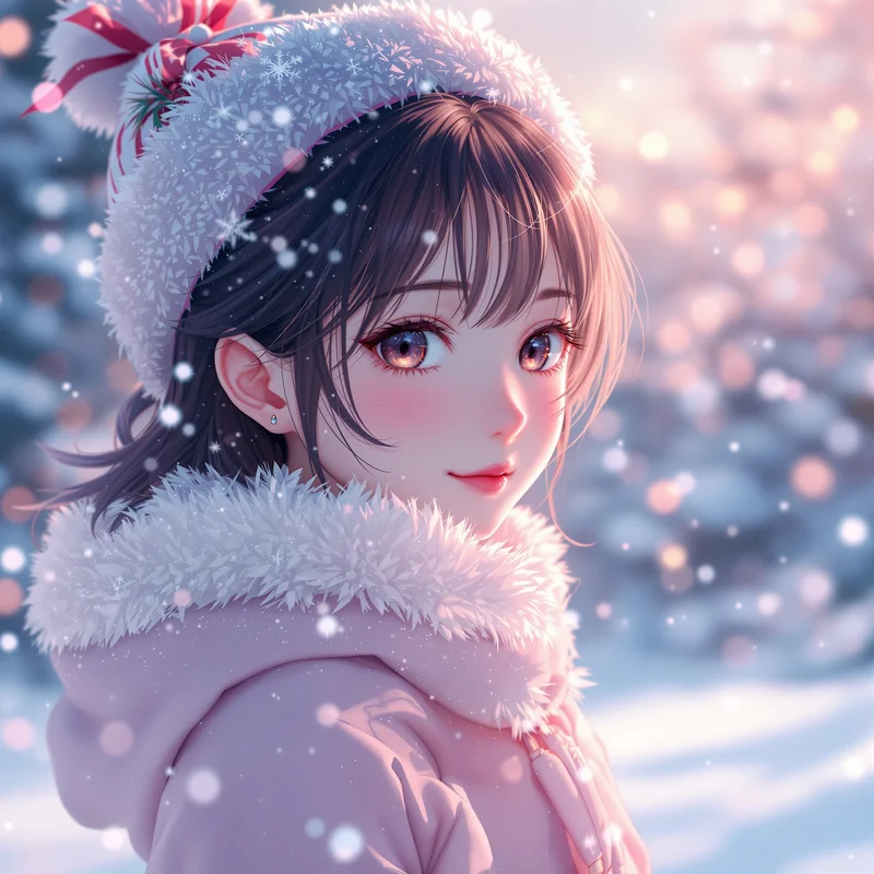 pastel christmas anime girl pfp with dreamy snow glow