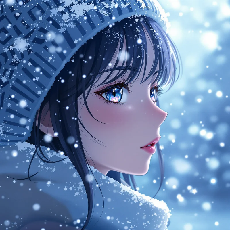 anime christmas girl pfp with snowy winter atmosphere and blue glow