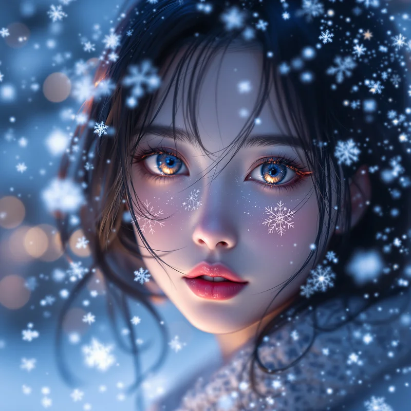 elegant anime christmas girl pfp with snowflake glow