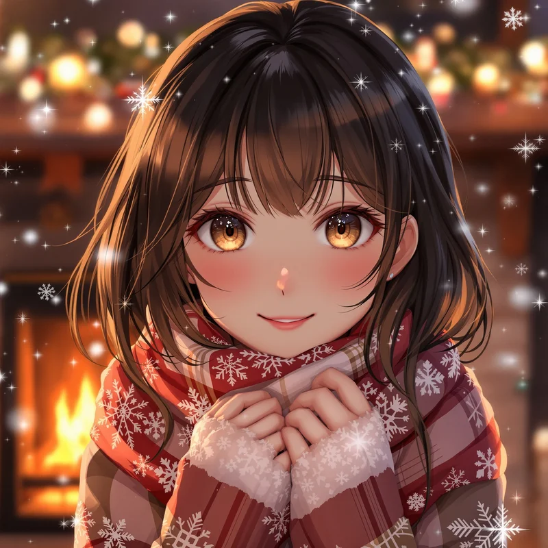 soft anime christmas girl pfp with cozy winter scarf