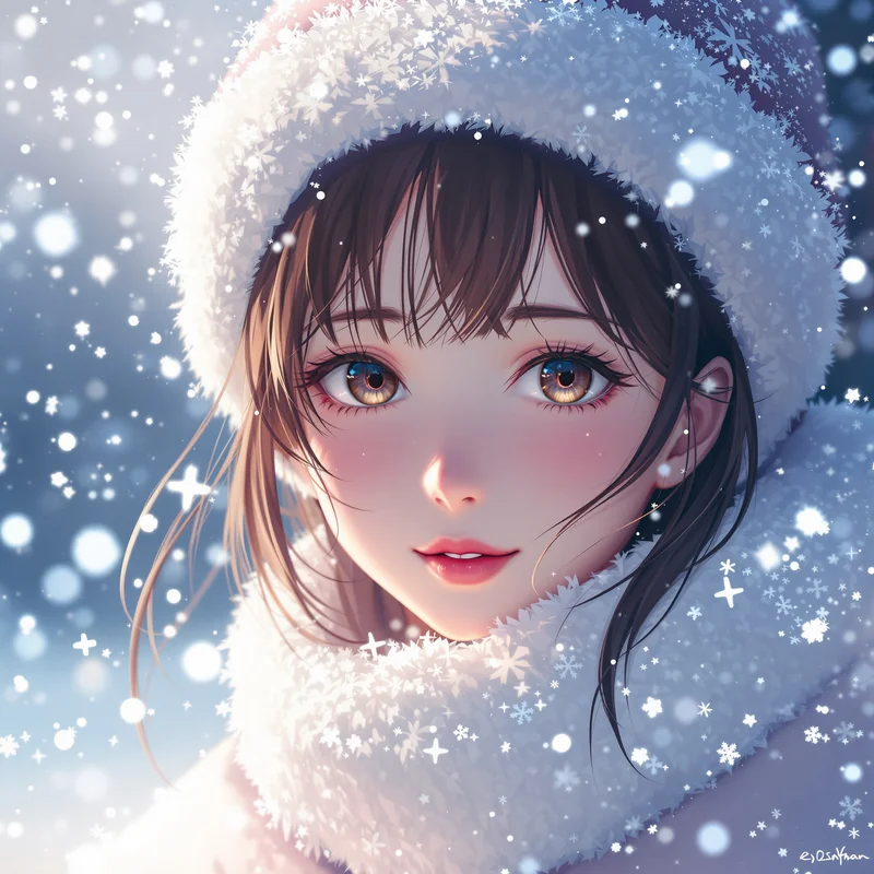 angelic anime christmas girl pfp with white winter glow