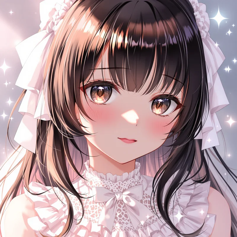 angelic pearl coquette anime pfp with white ribbons