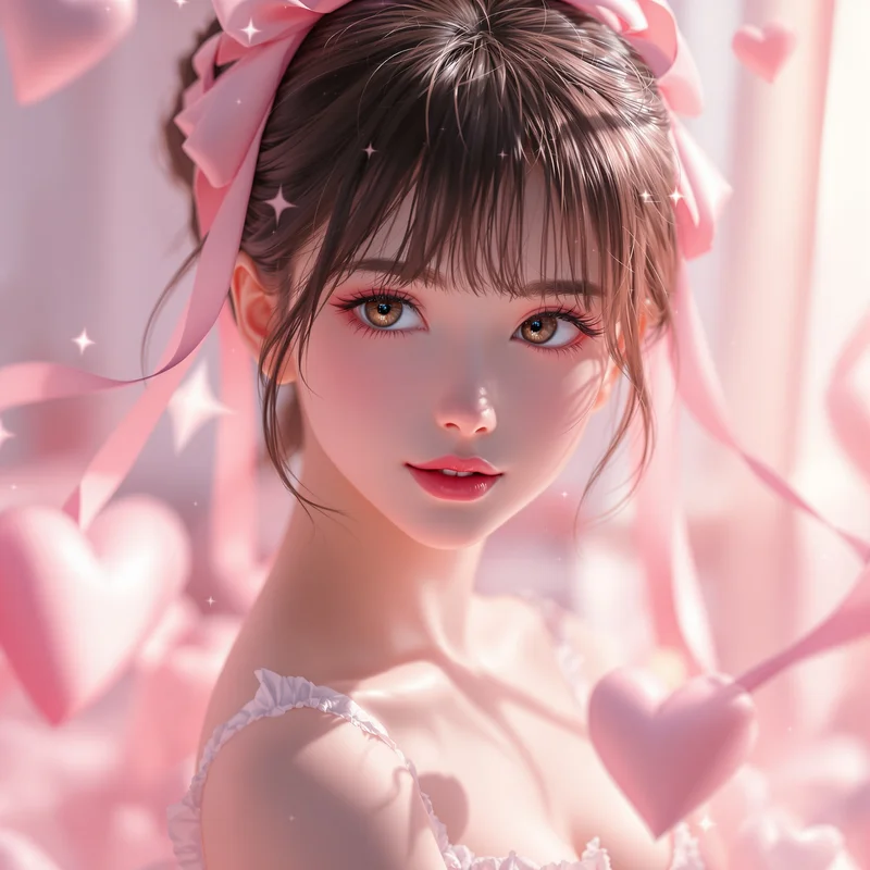balletcore coquette anime pfp with soft ribbons and pink glow