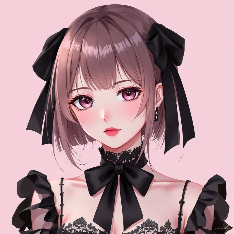 black bow coquette anime pfp with dark romantic elegance