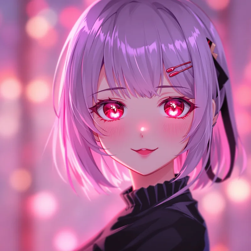 cherry blush coquette anime pfp with red pink romantic glow