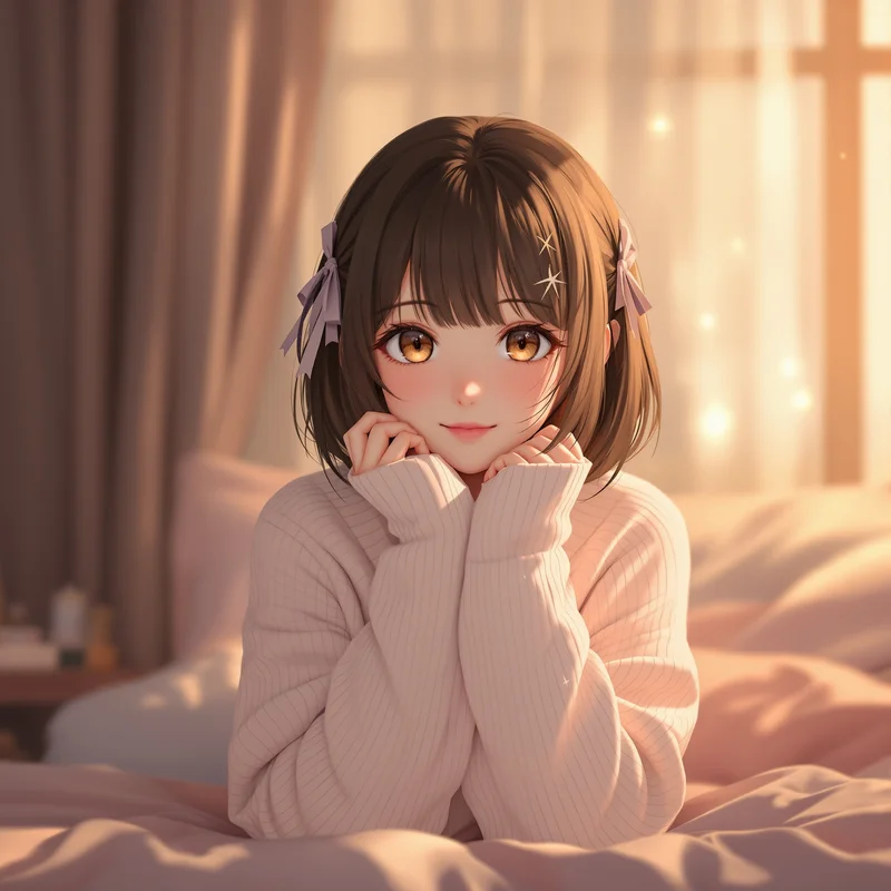 cozy bedroom coquette anime pfp with warm soft lighting