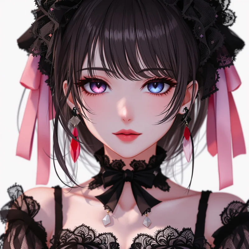 dark lace coquette anime pfp with black bows and pink aura
