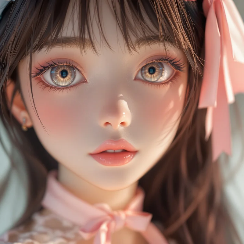 doll face coquette anime pfp with porcelain skin and ribbons