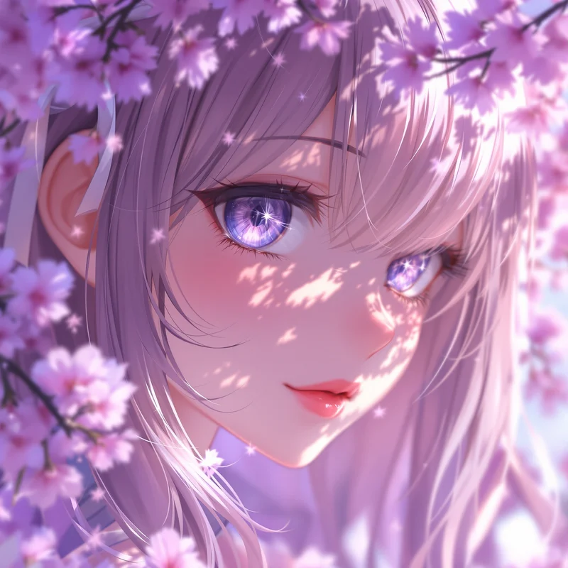 dreamy lavender coquette anime pfp with purple bloom lighting