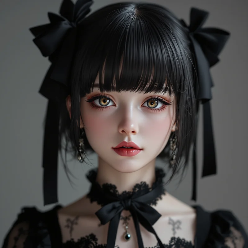 goth coquette anime girl pfp with black bows and lace shadows