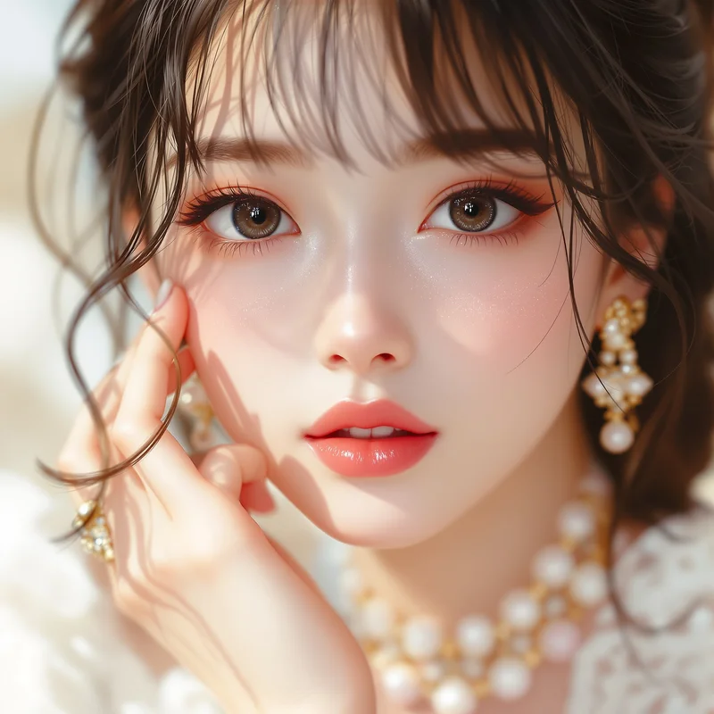 luxury feminine coquette anime pfp with pearls and gold light