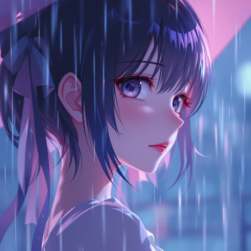 rainy emotional coquette anime pfp with soft sad eyes