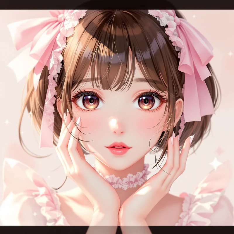 soft ribbon coquette anime pfp with pink bows and glossy eyes