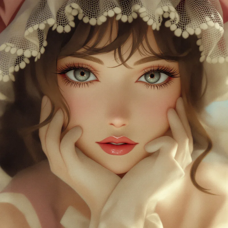 vintage film coquette anime pfp with lace and soft grain