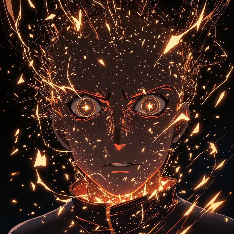 Dandadan anime PFP with drifting energy fragments
