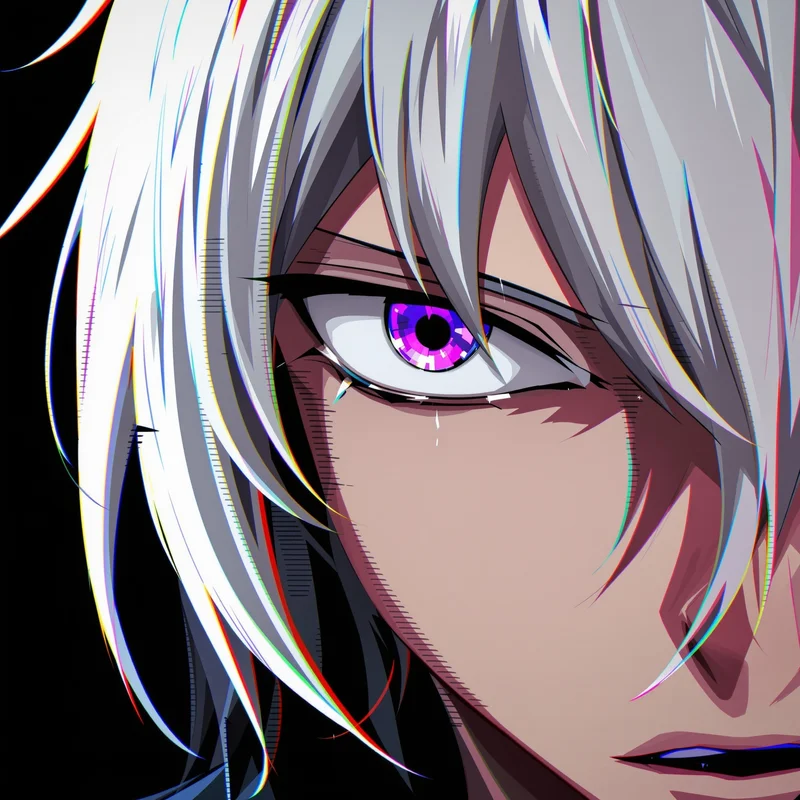 Dandadan anime avatar with dominant eye and glitch distortion