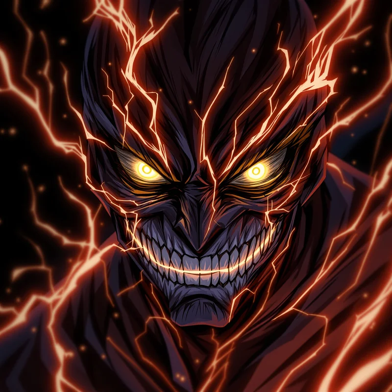 Dandadan possessed anime avatar with glowing eyes and chaotic energy